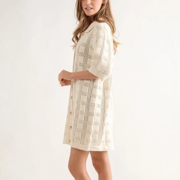 180. Women’s Ivory Crochet Knit Shirt Dress NWT - Picture 3 of 3